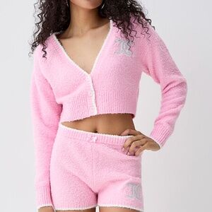 Juicy Couture pink shiny logo bouclé knit cardigan NWT